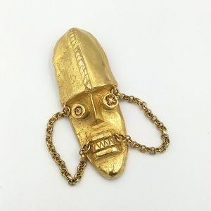 Vintage 90s DKNY Donna Karan Tribal Totem Mask Gold Tone Brooch Pin Rare